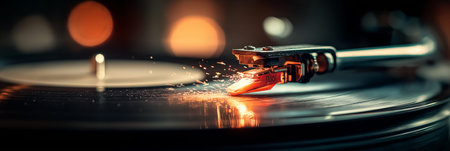 Turntable needle creating sparks while playing a spinning vinyl record, capturing music and energy....
