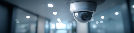 Security camera recording activities in a modern, long corporate office corridor. Security camera...