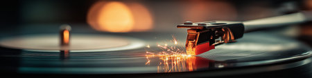 Turntable needle creating sparks while playing a spinning vinyl record, capturing music and energy. Turntable needle creating sparks on spinning vinyl recordの写真素材
