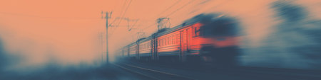 Train moving quickly on railway tracks, creating a strong motion blur effect at sunset. Train moving fast on railway tracks at sunsetの写真素材