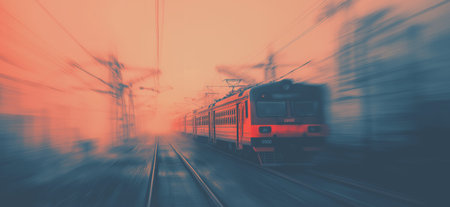 Train moving quickly on railway tracks, creating a strong motion blur effect at sunset. Train moving fast on railway tracks at sunsetの写真素材