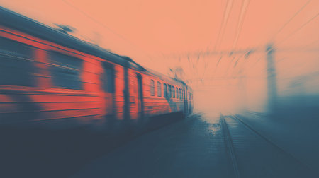 Train moving quickly on railway tracks, creating a strong motion blur effect at sunset. Train moving...