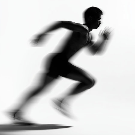 Athlete sprinting forward, creating dynamic motion blur. Runner moving with speed and motion blur on white backgroundの写真素材