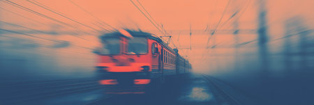 Train moving quickly on railway tracks, creating a strong motion blur effect at sunset. Train moving fast on railway tracks at sunsetの写真素材