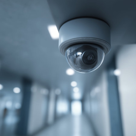 Security camera recording activities in a modern, long corporate office corridor. Security camera...