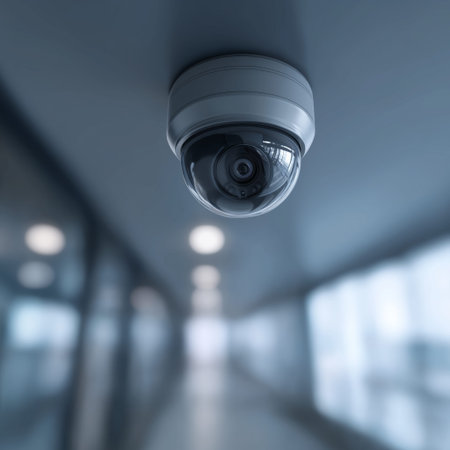 Security camera recording activities in a modern, long corporate office corridor. Security camera...