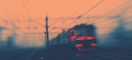 Train moving quickly on railway tracks, creating a strong motion blur effect at sunset. Train moving fast on railway tracks at sunsetの写真素材