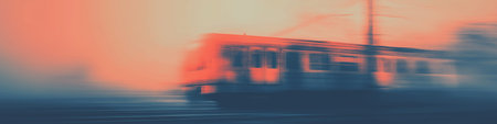 Train moving quickly on railway tracks, creating a strong motion blur effect at sunset. Train moving fast on railway tracks at sunsetの写真素材