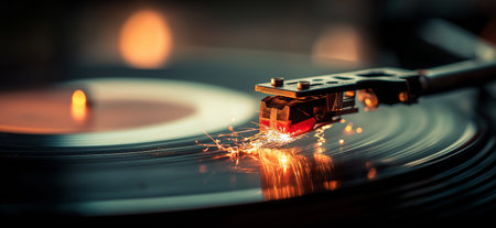 Turntable needle creating sparks while playing a spinning vinyl record, capturing music and energy. Turntable needle creating sparks on spinning vinyl recordの写真素材