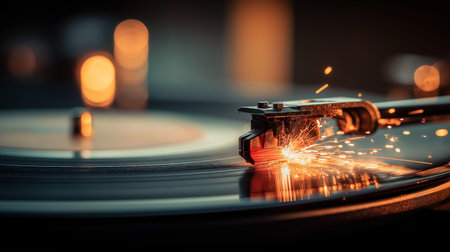 Turntable needle creating sparks while playing a spinning vinyl record, capturing music and energy. Turntable needle creating sparks on spinning vinyl recordの写真素材