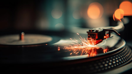 Turntable needle creating sparks while playing a spinning vinyl record, capturing music and energy. Turntable needle creating sparks on spinning vinyl recordの写真素材