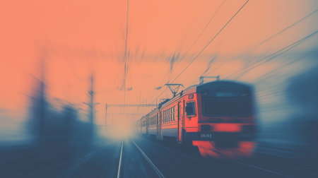 Train moving quickly on railway tracks, creating a strong motion blur effect at sunset. Train moving fast on railway tracks at sunsetの写真素材