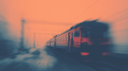 Train moving quickly on railway tracks, creating a strong motion blur effect at sunset. Train moving fast on railway tracks at sunsetの写真素材