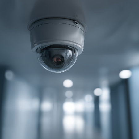 Security camera recording activities in a modern, long corporate office corridor. Security camera...