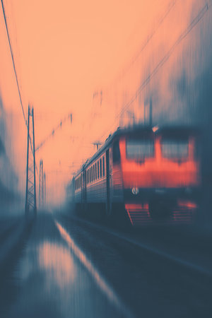 Train moving quickly on railway tracks, creating a strong motion blur effect at sunset. Train moving...