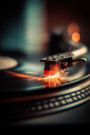 Turntable needle creating sparks while playing a spinning vinyl record, capturing music and energy....