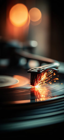 Turntable needle creating sparks while playing a spinning vinyl record, capturing music and energy....