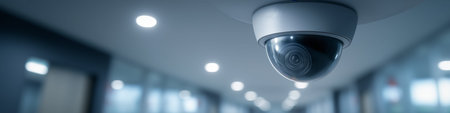 Security camera recording activities in a modern, long corporate office corridor. Security camera...