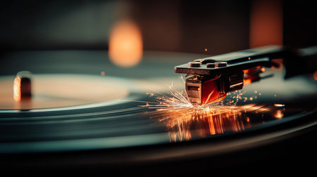 Turntable needle creating sparks while playing a spinning vinyl record, capturing music and energy. Turntable needle creating sparks on spinning vinyl recordの写真素材