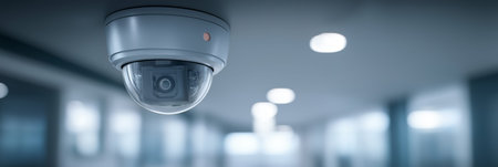 Security camera recording activities in a modern, long corporate office corridor. Security camera...