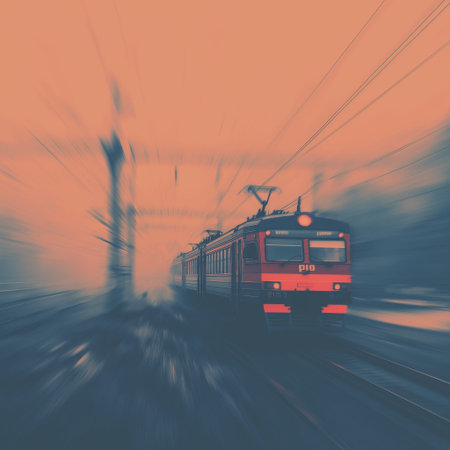 Train moving quickly on railway tracks, creating a strong motion blur effect at sunset. Train moving fast on railway tracks at sunsetの写真素材