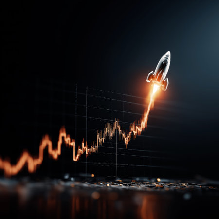 Rocket launching from an upward-trending candlestick chart symbolizing rapid financial growth. Rocket launching from rapidly rising financial chartの写真素材