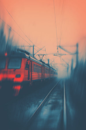 Train moving quickly on railway tracks, creating a strong motion blur effect at sunset. Train moving fast on railway tracks at sunsetの写真素材