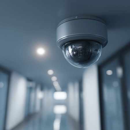 Security camera recording activities in a modern, long corporate office corridor. Security camera...