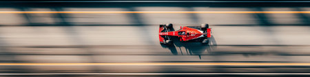 Racing car creating motion blur effect on a track, viewed from above. Red racing car speeding on a blurred trackの写真素材