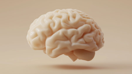 Monochromatic brain floating isolated on a minimalist beige background, representing intelligence and thought. Monochromatic human brain model floating beige backgroundの写真素材