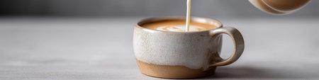 Creamy dairy milk pouring from a pitcher into a ceramic mug on a gray table. Milk pouring from pitcher into ceramic mugの写真素材