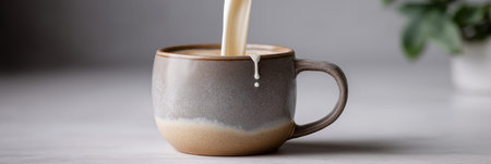 Creamy dairy milk pouring from a pitcher into a ceramic mug on a gray table. Milk pouring from pitcher into ceramic mugの写真素材