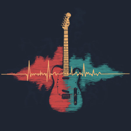 Acoustic guitar merging with a red and blue graphic sound wave, symbolizing music and rhythm....