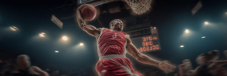 Dynamic athlete in mid-air performing a powerful dunk during a basketball game. Basketball player...