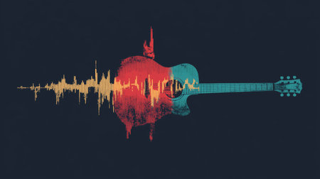 Acoustic guitar merging with a red and blue graphic sound wave, symbolizing music and rhythm....