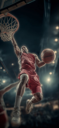 Dynamic athlete in mid-air performing a powerful dunk during a basketball game. Basketball player...