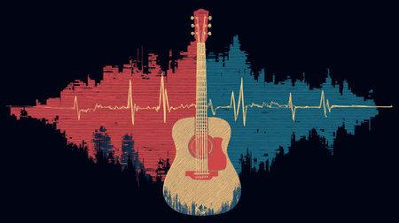 Acoustic guitar merging with a red and blue graphic sound wave, symbolizing music and rhythm....