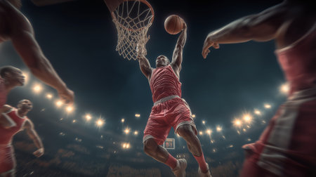 Dynamic athlete in mid-air performing a powerful dunk during a basketball game. Basketball player...