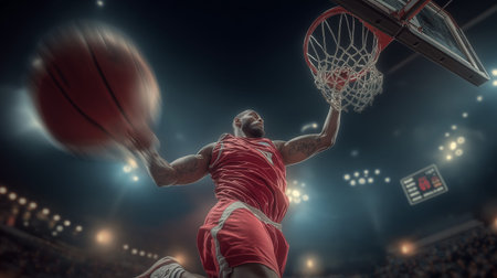 Dynamic athlete in mid-air performing a powerful dunk during a basketball game. Basketball player...