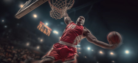 Dynamic athlete in mid-air performing a powerful dunk during a basketball game. Basketball player...