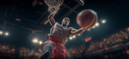 Dynamic athlete in mid-air performing a powerful dunk during a basketball game. Basketball player...