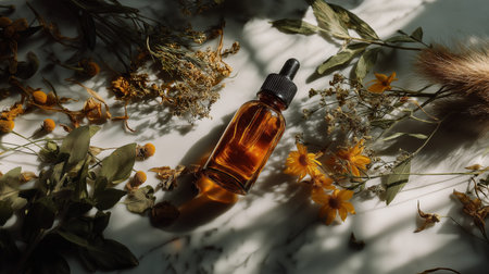 Amber dropper bottle with dried flowers and herbs on white marble surface for beauty and wellness....