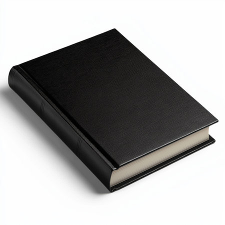 Closed black book with textured cover resting on a clean white surface. Black hardcover book lying on a white backgroundの写真素材
