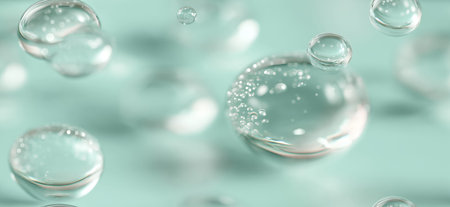 Clear microbubbles suspended in a light aqua-tinted transparent serum creating a hydrating texture....