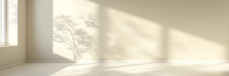 Minimalist room with light walls and floor, natural sunlight streaming through a window creating shadows. Empty room with natural light and minimalist vaseの写真素材
