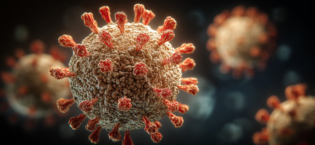 Coronavirus particle with red and orange glycoprotein spike proteins on its surface. Coronavirus...