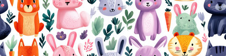 Playful pattern featuring cartoony forest animals and blooming flowers on a white background....