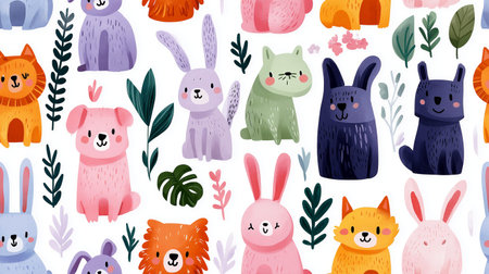 Playful pattern featuring cartoony forest animals and blooming flowers on a white background. Children seamless pattern with cute animals and spring floral elementsの写真素材