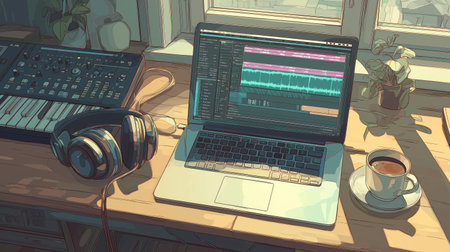 Desk with laptop showing DAW software, headphones, coffee, and audio equipment by a window. Home...