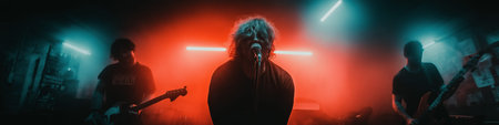 Musicians playing rock music on stage with dramatic red and blue lighting. Live band performing...